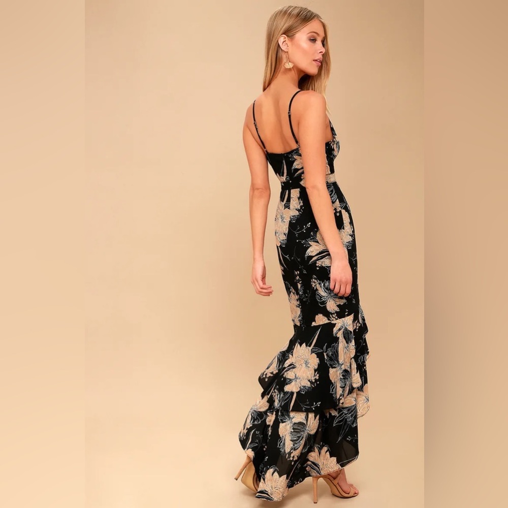 Darling Daylily Black Floral Print High-Low Maxi Dress